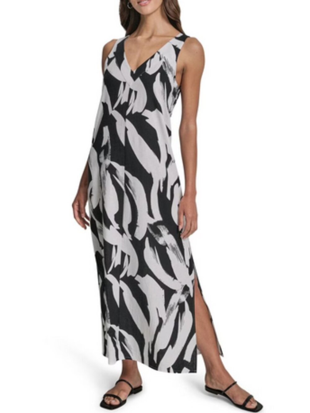 DKNY Linen Maxi Dress Large Black White NWT 49” Length